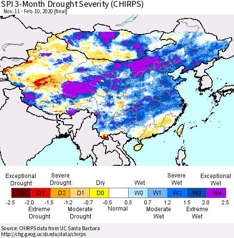 China and Taiwan SPI 3-Month Drought Severity (CHIRPS) Thematic Map For 11/11/2019 - 2/10/2020