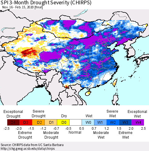 China and Taiwan SPI 3-Month Drought Severity (CHIRPS) Thematic Map For 11/16/2019 - 2/15/2020