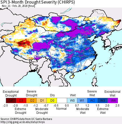China, Mongolia and Taiwan SPI 3-Month Drought Severity (CHIRPS) Thematic Map For 11/21/2019 - 2/20/2020