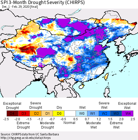 China and Taiwan SPI 3-Month Drought Severity (CHIRPS) Thematic Map For 12/1/2019 - 2/29/2020