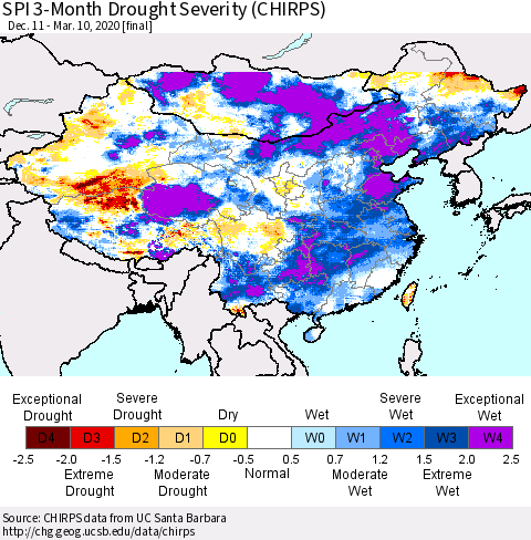 China and Taiwan SPI 3-Month Drought Severity (CHIRPS) Thematic Map For 12/11/2019 - 3/10/2020