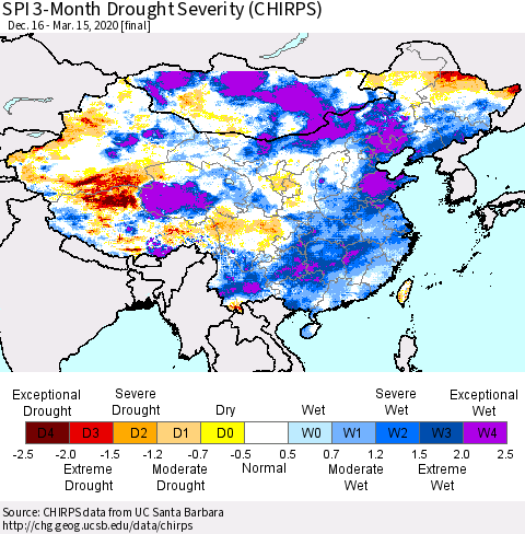China and Taiwan SPI 3-Month Drought Severity (CHIRPS) Thematic Map For 12/16/2019 - 3/15/2020