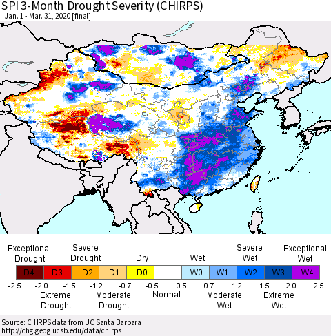 China and Taiwan SPI 3-Month Drought Severity (CHIRPS) Thematic Map For 1/1/2020 - 3/31/2020