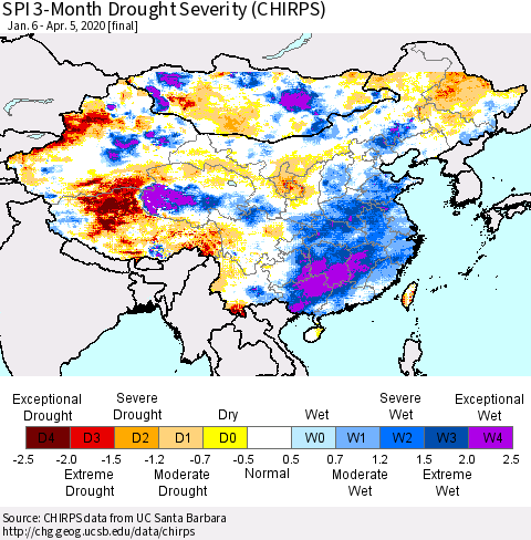 China, Mongolia and Taiwan SPI 3-Month Drought Severity (CHIRPS) Thematic Map For 1/6/2020 - 4/5/2020
