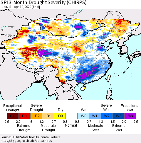 China and Taiwan SPI 3-Month Drought Severity (CHIRPS) Thematic Map For 1/11/2020 - 4/10/2020