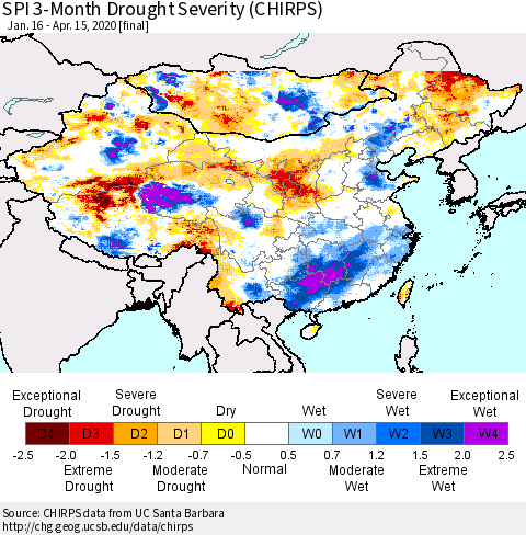 China and Taiwan SPI 3-Month Drought Severity (CHIRPS) Thematic Map For 1/16/2020 - 4/15/2020