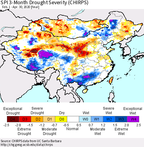 China and Taiwan SPI 3-Month Drought Severity (CHIRPS) Thematic Map For 2/1/2020 - 4/30/2020