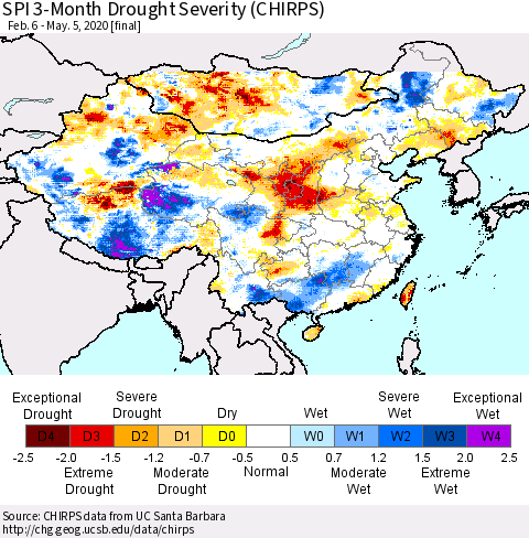China and Taiwan SPI 3-Month Drought Severity (CHIRPS) Thematic Map For 2/6/2020 - 5/5/2020