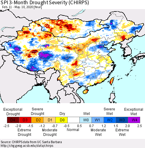 China and Taiwan SPI 3-Month Drought Severity (CHIRPS) Thematic Map For 2/11/2020 - 5/10/2020