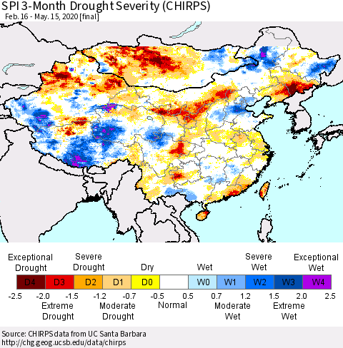 China and Taiwan SPI 3-Month Drought Severity (CHIRPS) Thematic Map For 2/16/2020 - 5/15/2020