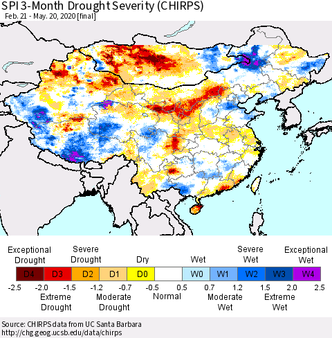 China, Mongolia and Taiwan SPI 3-Month Drought Severity (CHIRPS) Thematic Map For 2/21/2020 - 5/20/2020