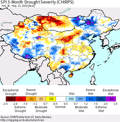 China and Taiwan SPI 3-Month Drought Severity (CHIRPS) Thematic Map For 2/26/2020 - 5/25/2020