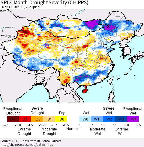 China, Mongolia and Taiwan SPI 3-Month Drought Severity (CHIRPS) Thematic Map For 3/11/2020 - 6/10/2020