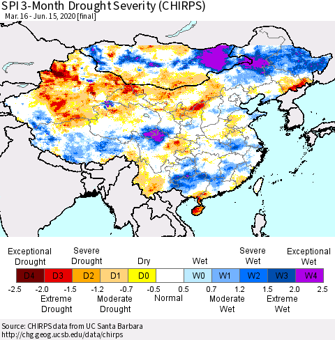 China, Mongolia and Taiwan SPI 3-Month Drought Severity (CHIRPS) Thematic Map For 3/16/2020 - 6/15/2020