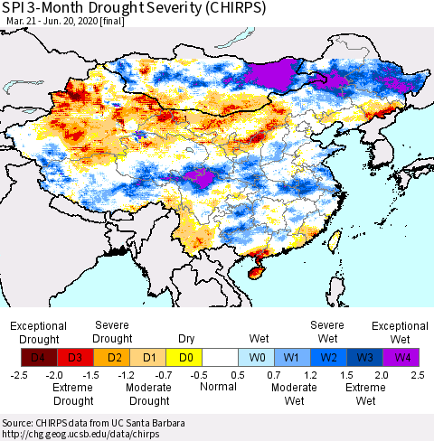 China and Taiwan SPI 3-Month Drought Severity (CHIRPS) Thematic Map For 3/21/2020 - 6/20/2020