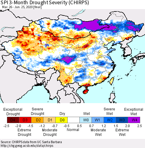 China and Taiwan SPI 3-Month Drought Severity (CHIRPS) Thematic Map For 3/26/2020 - 6/25/2020