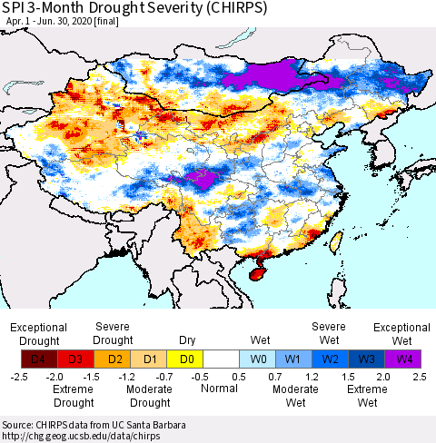 China and Taiwan SPI 3-Month Drought Severity (CHIRPS) Thematic Map For 4/1/2020 - 6/30/2020