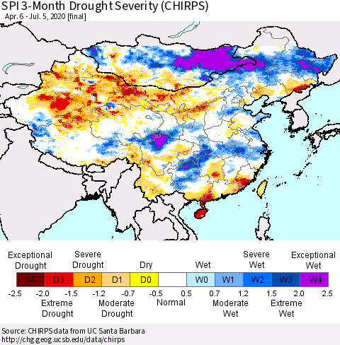China, Mongolia and Taiwan SPI 3-Month Drought Severity (CHIRPS) Thematic Map For 4/6/2020 - 7/5/2020