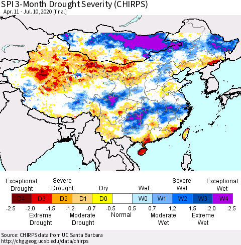 China and Taiwan SPI 3-Month Drought Severity (CHIRPS) Thematic Map For 4/11/2020 - 7/10/2020