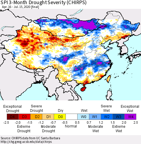 China and Taiwan SPI 3-Month Drought Severity (CHIRPS) Thematic Map For 4/16/2020 - 7/15/2020