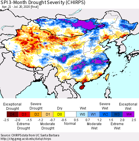 China and Taiwan SPI 3-Month Drought Severity (CHIRPS) Thematic Map For 4/21/2020 - 7/20/2020