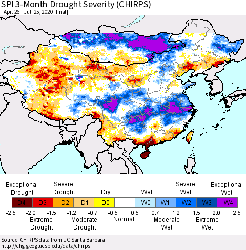 China and Taiwan SPI 3-Month Drought Severity (CHIRPS) Thematic Map For 4/26/2020 - 7/25/2020