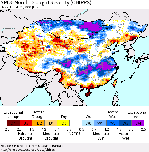 China, Mongolia and Taiwan SPI 3-Month Drought Severity (CHIRPS) Thematic Map For 5/1/2020 - 7/31/2020