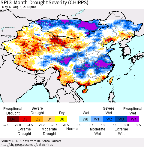 China, Mongolia and Taiwan SPI 3-Month Drought Severity (CHIRPS) Thematic Map For 5/6/2020 - 8/5/2020