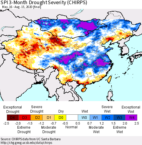 China and Taiwan SPI 3-Month Drought Severity (CHIRPS) Thematic Map For 5/16/2020 - 8/15/2020