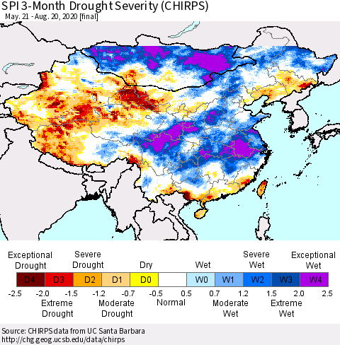 China and Taiwan SPI 3-Month Drought Severity (CHIRPS) Thematic Map For 5/21/2020 - 8/20/2020