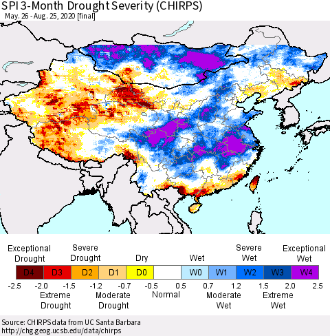 China, Mongolia and Taiwan SPI 3-Month Drought Severity (CHIRPS) Thematic Map For 5/26/2020 - 8/25/2020