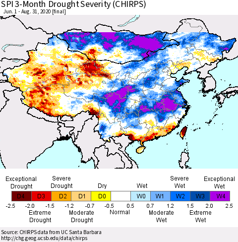 China and Taiwan SPI 3-Month Drought Severity (CHIRPS) Thematic Map For 6/1/2020 - 8/31/2020