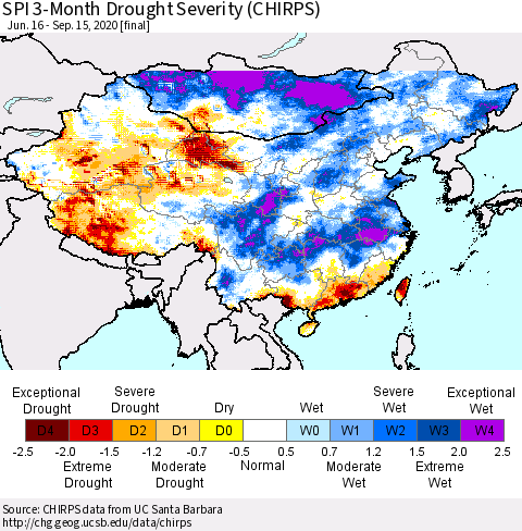 China and Taiwan SPI 3-Month Drought Severity (CHIRPS) Thematic Map For 6/16/2020 - 9/15/2020