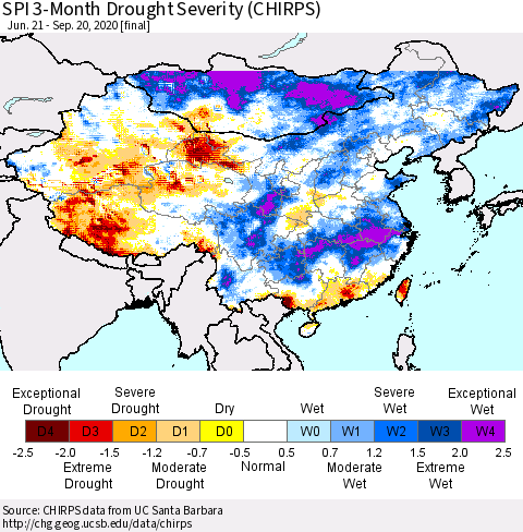 China and Taiwan SPI 3-Month Drought Severity (CHIRPS) Thematic Map For 6/21/2020 - 9/20/2020