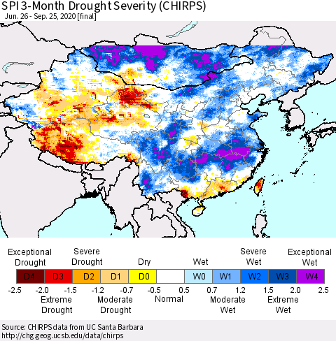 China and Taiwan SPI 3-Month Drought Severity (CHIRPS) Thematic Map For 6/26/2020 - 9/25/2020