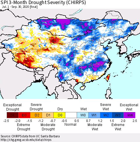 China, Mongolia and Taiwan SPI 3-Month Drought Severity (CHIRPS) Thematic Map For 7/1/2020 - 9/30/2020