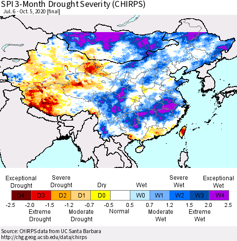 China, Mongolia and Taiwan SPI 3-Month Drought Severity (CHIRPS) Thematic Map For 7/6/2020 - 10/5/2020