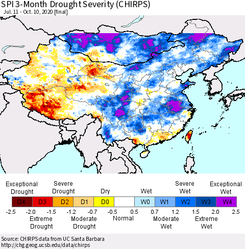 China, Mongolia and Taiwan SPI 3-Month Drought Severity (CHIRPS) Thematic Map For 7/11/2020 - 10/10/2020