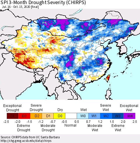 China, Mongolia and Taiwan SPI 3-Month Drought Severity (CHIRPS) Thematic Map For 7/16/2020 - 10/15/2020