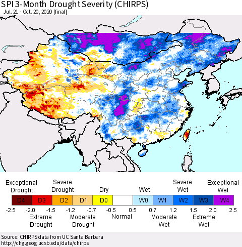 China, Mongolia and Taiwan SPI 3-Month Drought Severity (CHIRPS) Thematic Map For 7/21/2020 - 10/20/2020