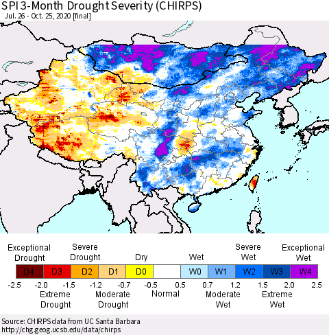 China, Mongolia and Taiwan SPI 3-Month Drought Severity (CHIRPS) Thematic Map For 7/26/2020 - 10/25/2020