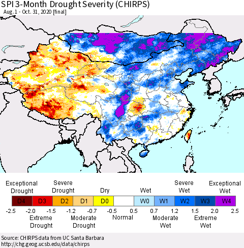 China, Mongolia and Taiwan SPI 3-Month Drought Severity (CHIRPS) Thematic Map For 8/1/2020 - 10/31/2020