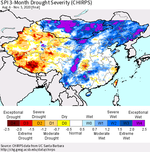 China, Mongolia and Taiwan SPI 3-Month Drought Severity (CHIRPS) Thematic Map For 8/6/2020 - 11/5/2020