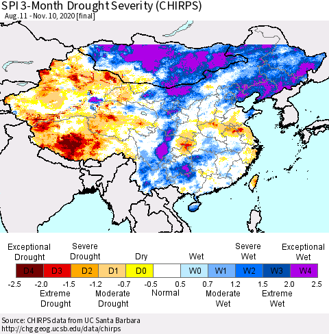 China, Mongolia and Taiwan SPI 3-Month Drought Severity (CHIRPS) Thematic Map For 8/11/2020 - 11/10/2020