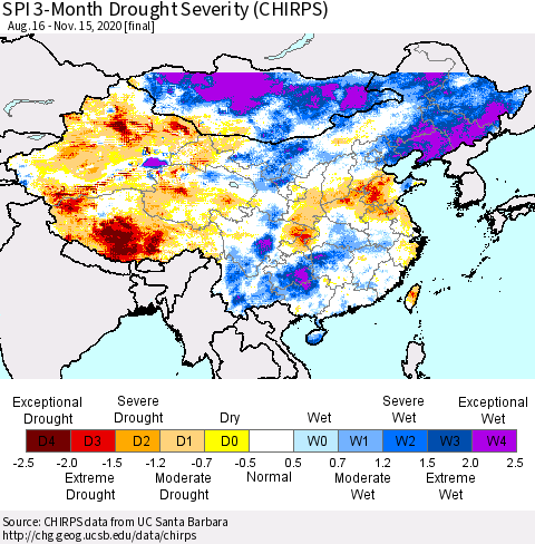 China, Mongolia and Taiwan SPI 3-Month Drought Severity (CHIRPS) Thematic Map For 8/16/2020 - 11/15/2020