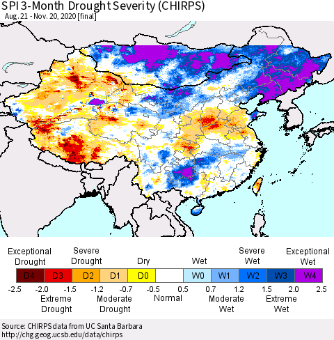 China, Mongolia and Taiwan SPI 3-Month Drought Severity (CHIRPS) Thematic Map For 8/21/2020 - 11/20/2020