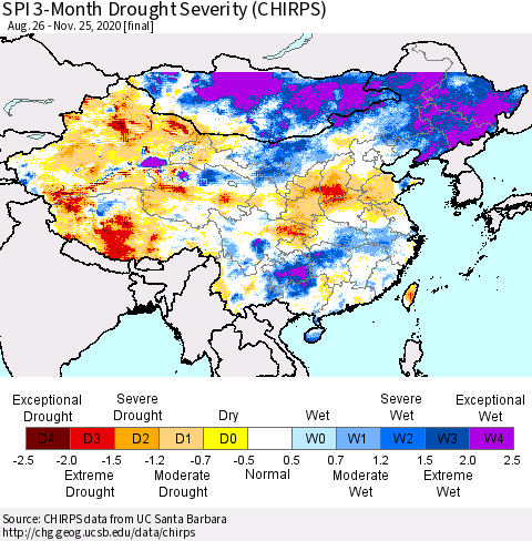 China, Mongolia and Taiwan SPI 3-Month Drought Severity (CHIRPS) Thematic Map For 8/26/2020 - 11/25/2020