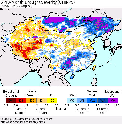 China, Mongolia and Taiwan SPI 3-Month Drought Severity (CHIRPS) Thematic Map For 9/6/2020 - 12/5/2020
