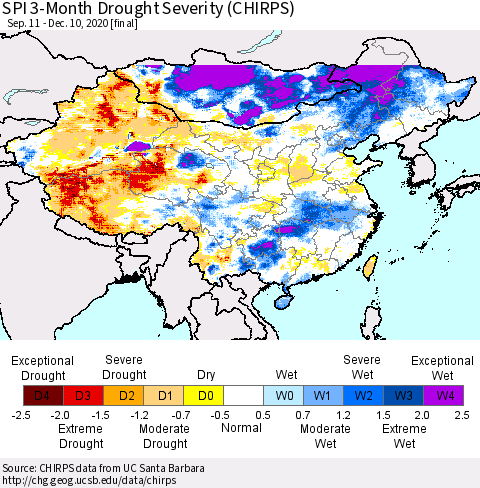 China, Mongolia and Taiwan SPI 3-Month Drought Severity (CHIRPS) Thematic Map For 9/11/2020 - 12/10/2020