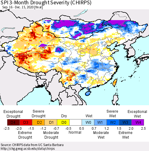 China, Mongolia and Taiwan SPI 3-Month Drought Severity (CHIRPS) Thematic Map For 9/16/2020 - 12/15/2020